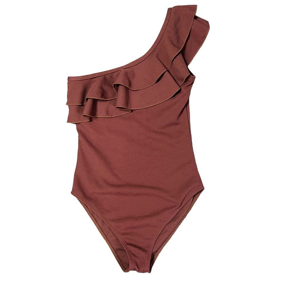 Cupshe Ruffle One Shoulder Ribbed Swim Suit Brown Size S